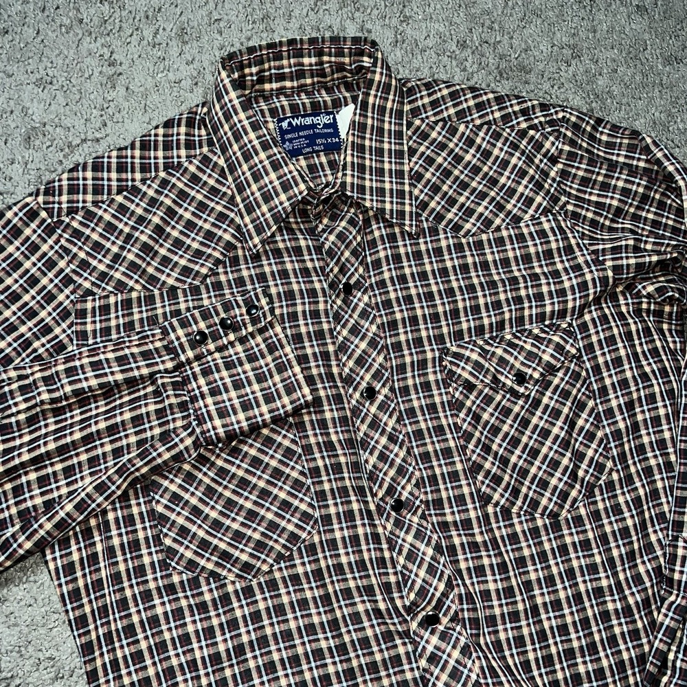 Vintage 80s Wrangler Pearl Snap Cowboy Western Shirt Mens M Check Plaid